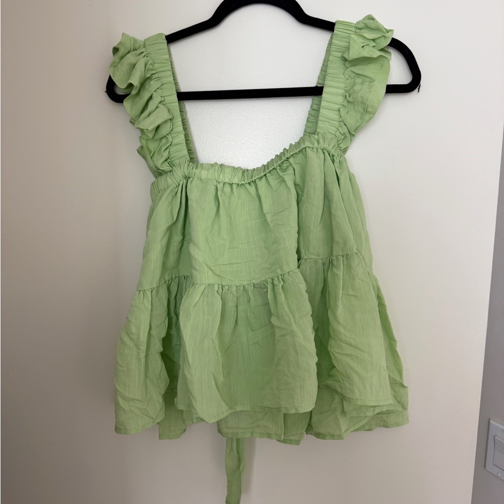 Green Flutter Sleeve Tie Front Blouse